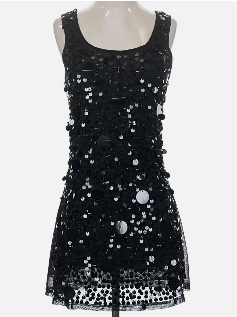 READ! Vintage 90s Black Paillette Sequin Scoop Neck Sleeveless Clubbing Dress